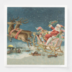 Santa Claus Christmas Antique Sleigh Reindeer Napkin