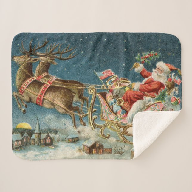 Santa Claus Christmas Antique Sleigh Reindeer Sherpa Blanket (Front (Horizontal))
