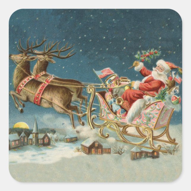 Santa Claus Christmas Antique Sleigh Reindeer Square Sticker (Front)