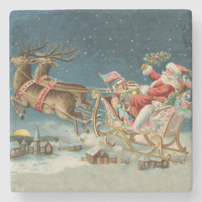 Santa Claus Christmas Antique Sleigh Reindeer Stone Coaster (Front)