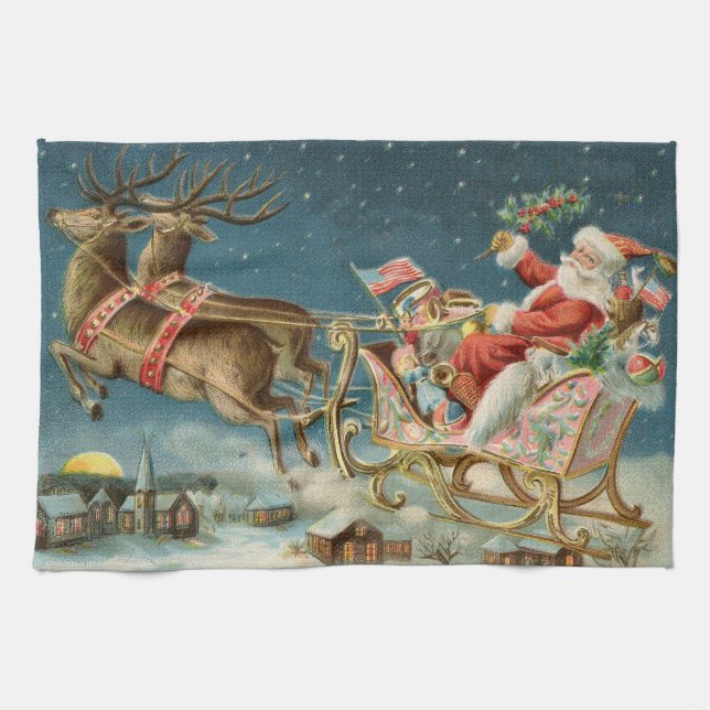 Santa Claus Christmas Antique Sleigh Reindeer Tea Towel (Horizontal)