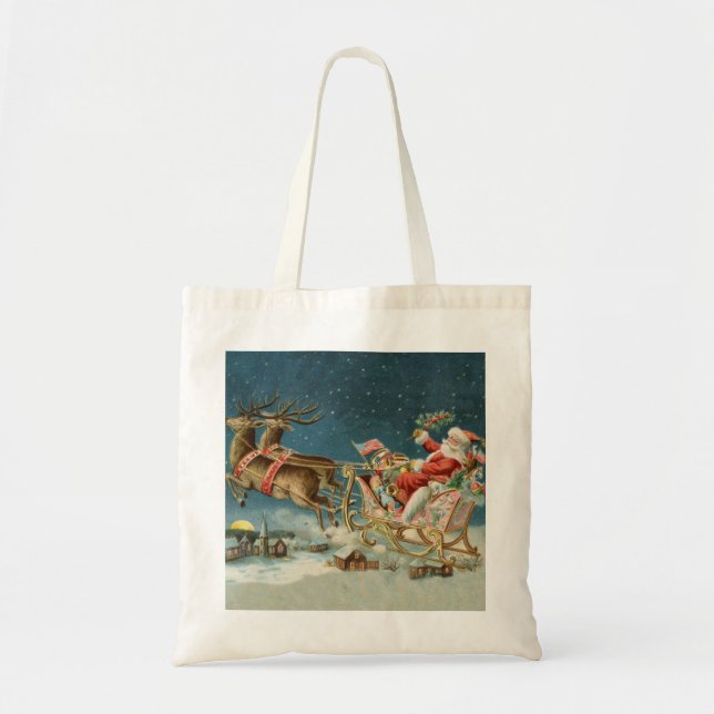Santa Claus Christmas Antique Sleigh Reindeer Tote Bag (Front)