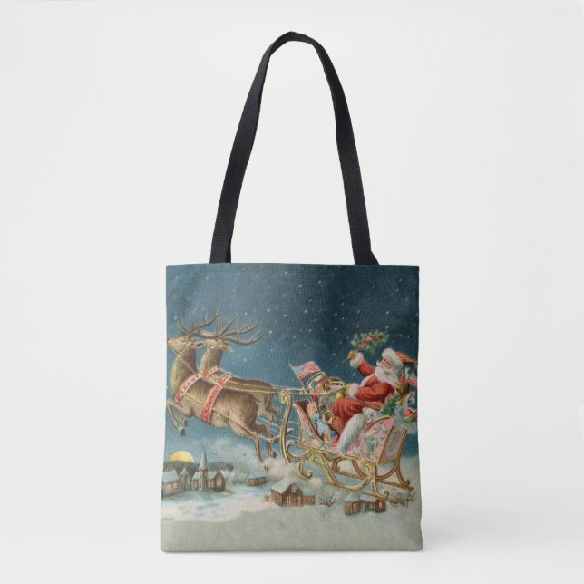 Santa Claus Christmas Antique Sleigh Reindeer Tote Bag (Front)