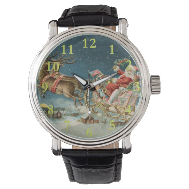 Santa Claus Christmas Antique Sleigh Reindeer Watch (Front)