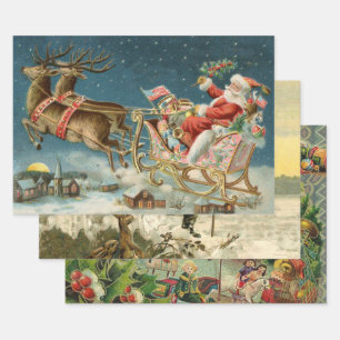 Santa Claus Christmas Antique Sleigh Reindeer Wrapping Paper Sheet