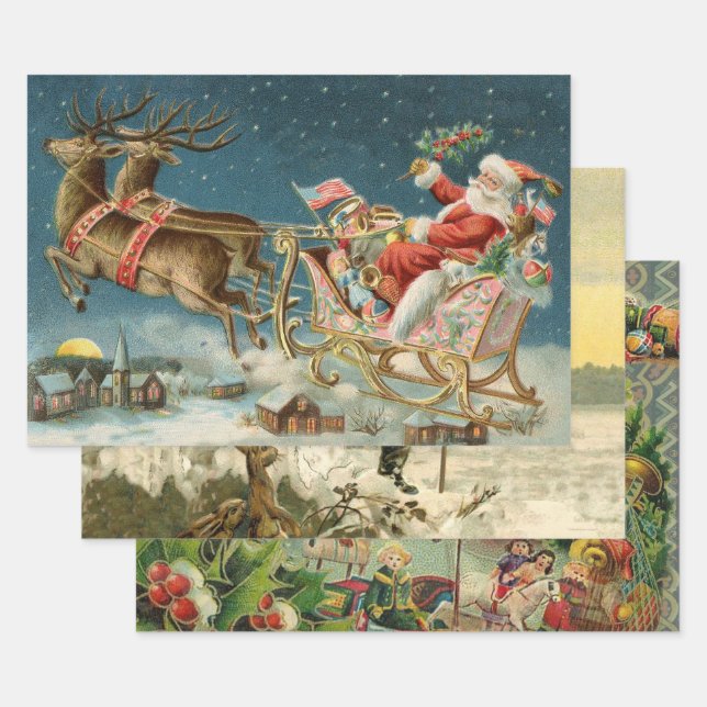 Santa Claus Christmas Antique Sleigh Reindeer Wrapping Paper Sheet (Set)