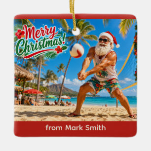 Santa Claus Christmas Beach volleyball Ceramic Ornament