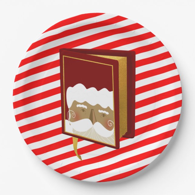 Santa Claus Christmas Carol Book Red Striped Paper Plate (Front)