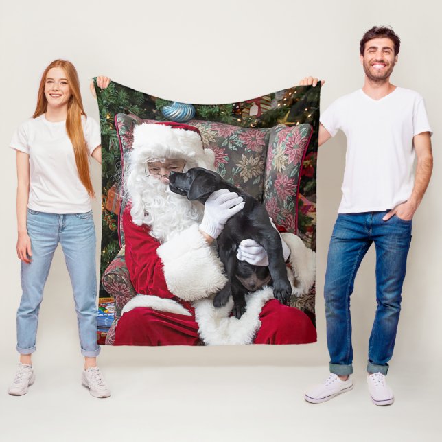 Santa Claus Christmas Cute Puppy Black Labrador Fleece Blanket (In Situ)