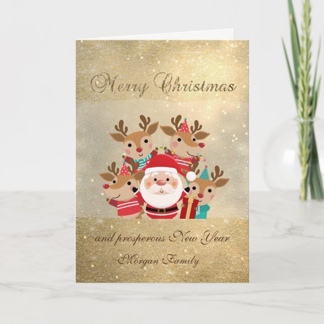 Santa Claus,Christmas Deer,Glittery, Holiday Card (Front)