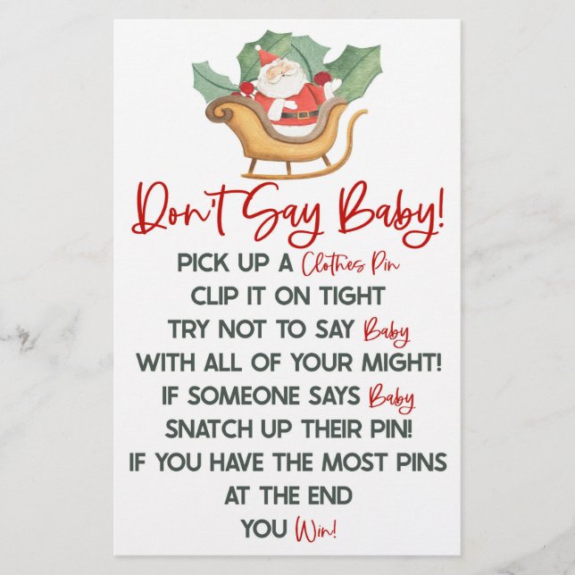 Santa Claus Christmas Don't Say Baby Shower Game Stationery (Front)