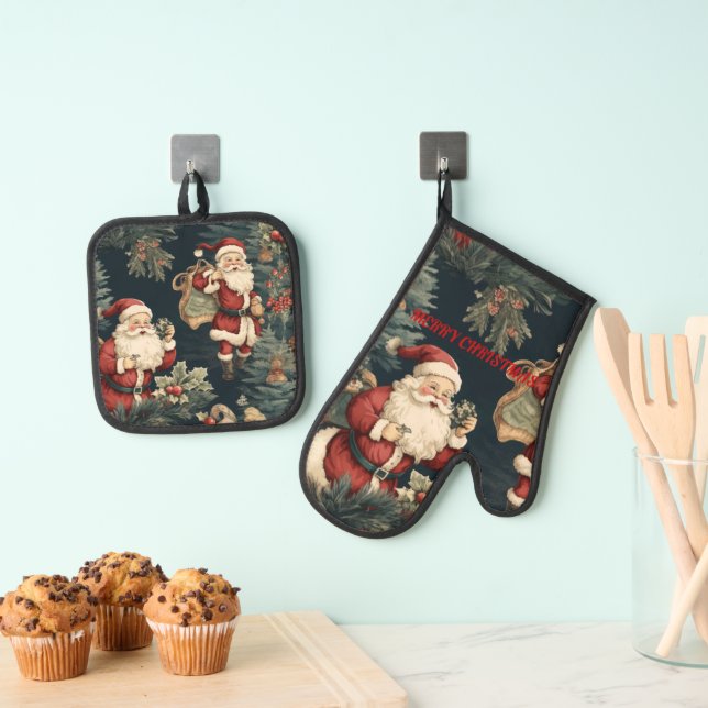 Santa Claus Christmas Eve Gifts Oven Mitt & Pot Holder Set (Insitu(Hanging))