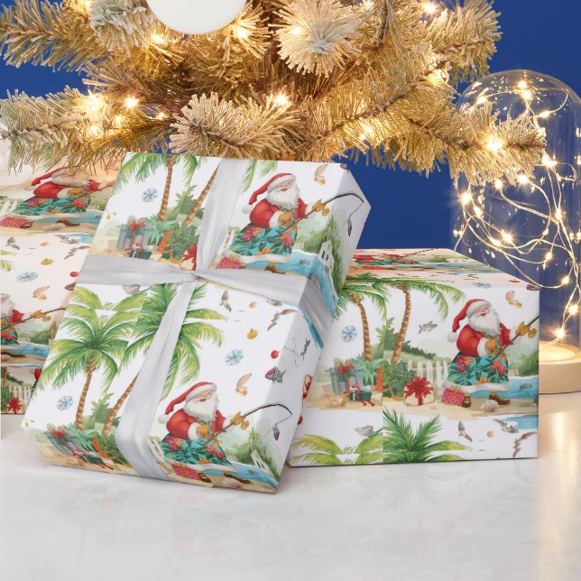 Santa Claus Christmas Fishing in Summer Wrapping Paper (Holidays)