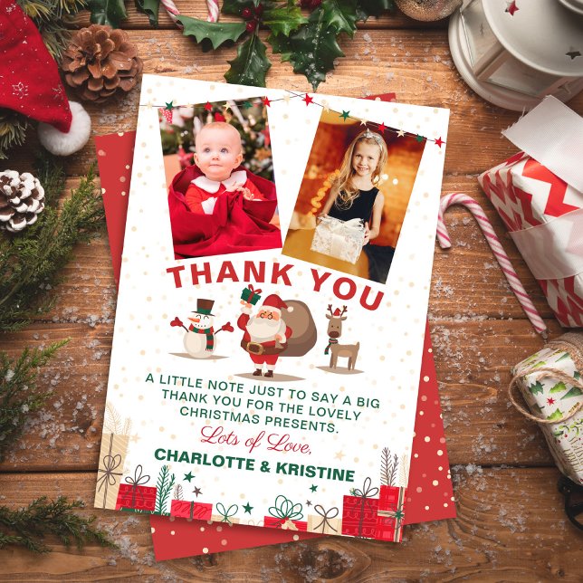 Santa Claus Christmas Holiday Party 2 Photo Thank You Card (Creator Uploaded)