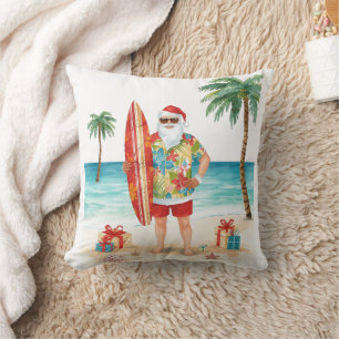 Santa Claus Christmas in July at the beach surfer Cushion