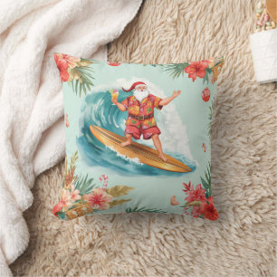 Santa Claus Christmas in July at the beach surfer Cushion