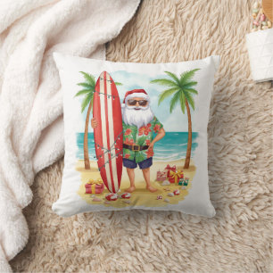 Santa Claus Christmas in July at the beach surfer Cushion