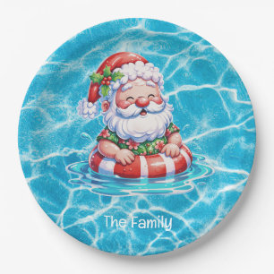 Santa Claus Christmas in July Pool Party Banner  Paper Plate
