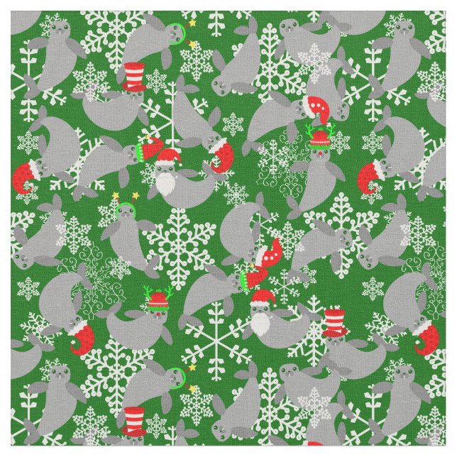 santa claus christmas manatee green fabric (Close Up)