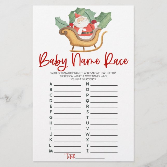 Santa Claus Christmas Name Race Baby Shower Game Stationery (Front)