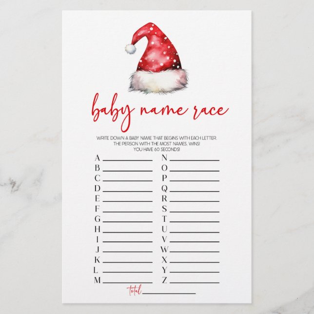 Santa Claus Christmas Name Race Baby Shower Game Stationery (Front)