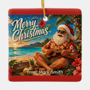 Santa Claus Christmas  playing ukulele Ceramic Ornament