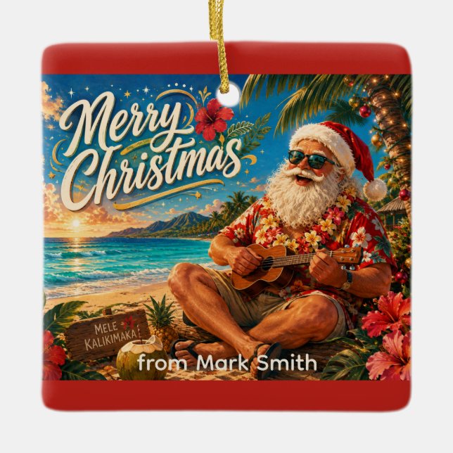 Santa Claus Christmas  playing ukulele Ceramic Ornament (Front)