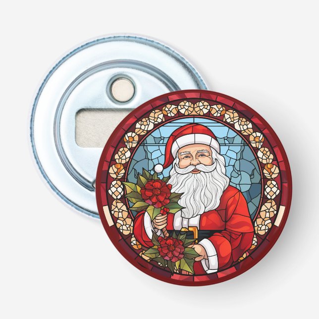 Santa Claus Christmas Poinsettia Refrigerator Bottle Opener (Front)