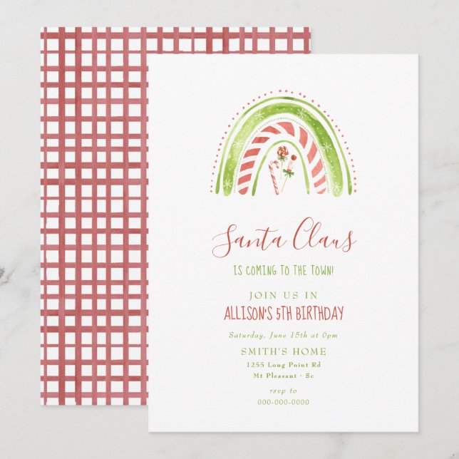 Santa Claus Christmas Rainbow Kids Birthday Party Invitation (Front/Back)