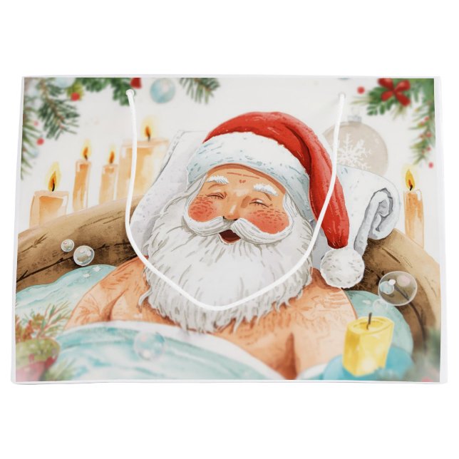 Santa Claus Christmas Spa Bath Tub Large Gift Bag (Front)
