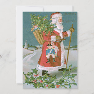 Santa Claus Christmas Tree Basket Toys Holly Invitation