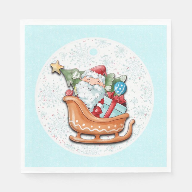 Santa Claus Christmas Tree Blue Snowflakes Paper  Napkin (Front)