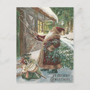 Santa Claus Christmas Tree Sack of Toys Cottage Holiday Postcard