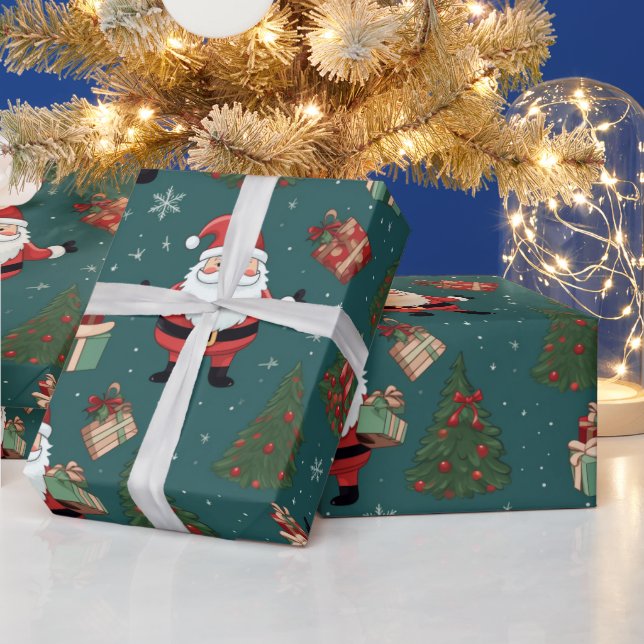 Santa Claus Christmas Trees Green Christmas Wrapping Paper (Holidays)