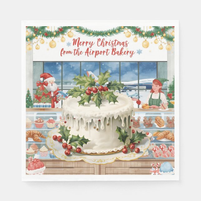 Santa Claus Christmas with Bakery Shop at airport Napkin (Front)