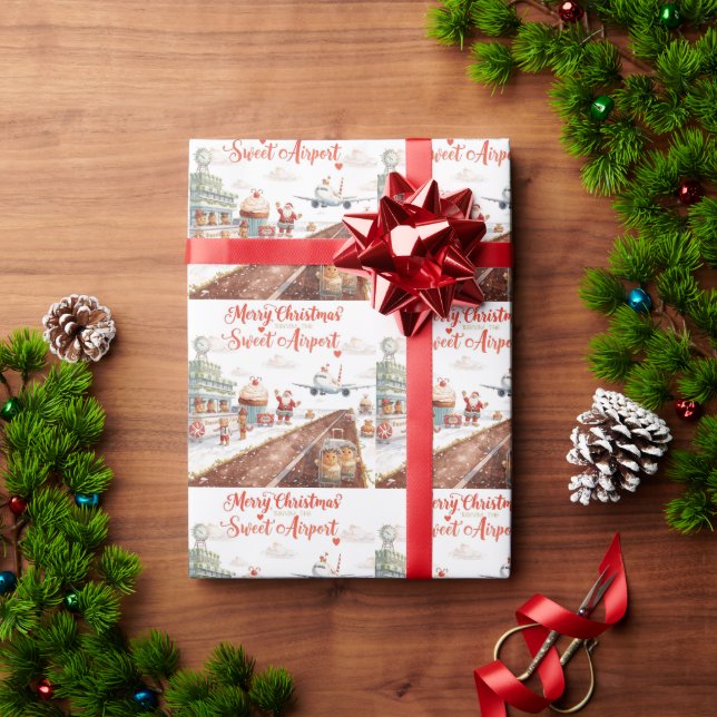 Santa Claus Christmas with Bakery Shop at airport Wrapping Paper (Holiday Gift)