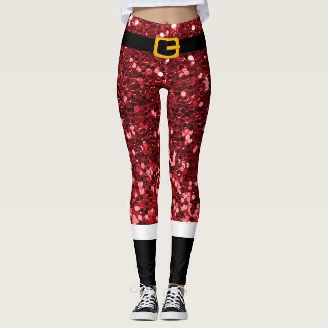 Santa Claus Costume Glitter Christmas Leggings (Front)