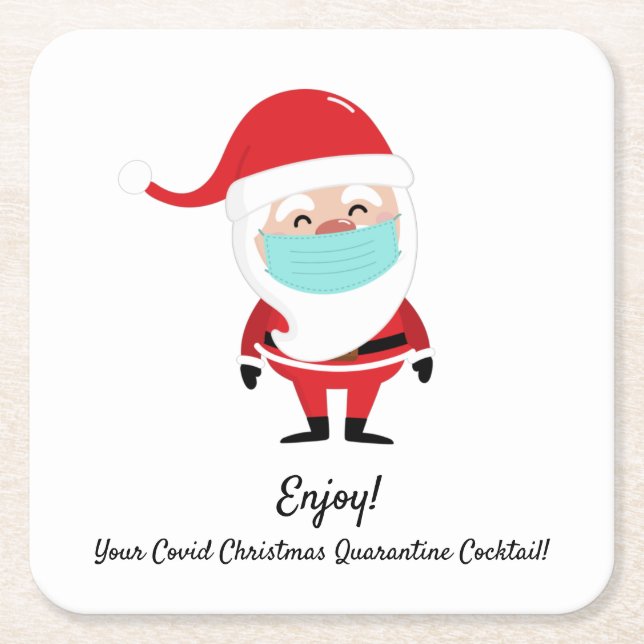 Santa Claus Covid Christmas Quarantine Cocktail Square Paper Coaster (Front)