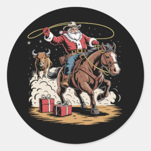 Santa Claus Cowboy Vintage Christmas Horse Cow Classic Round Sticker