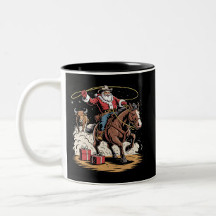 Santa Claus Cowboy Vintage Christmas Horse Cow Two-Tone Coffee Mug