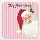 Santa Claus Cranberry Stripe Square Paper Coaster<br><div class="desc">Santa Claus in cranberry on a stripe background. Personalise the text for your holiday celebrations.</div>