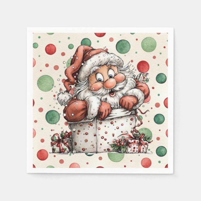Santa Claus Crawling Out of Gift Box Napkin (Front)
