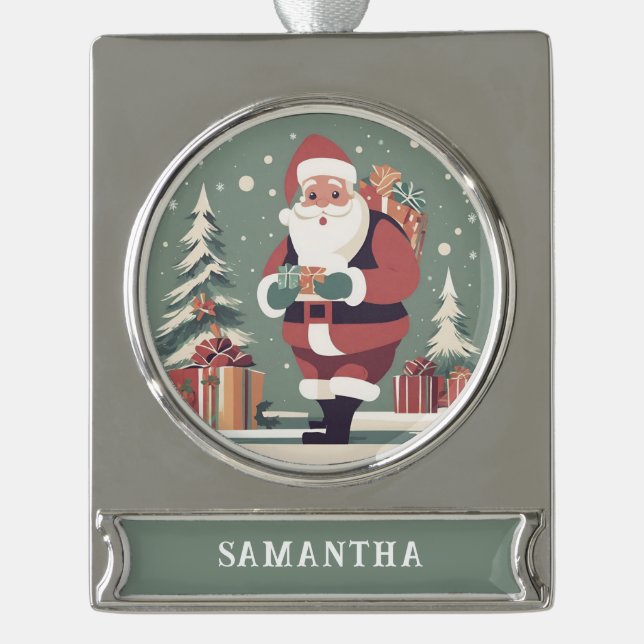 Santa Claus custom mid century modern christmas Silver Plated Banner Ornament (Front)