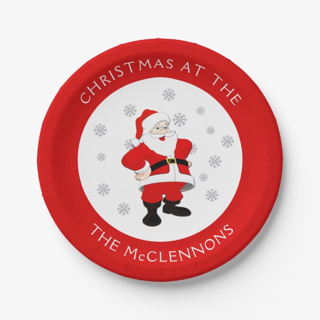 Santa Claus Custom Text  Red Border Paper Plate (Front)