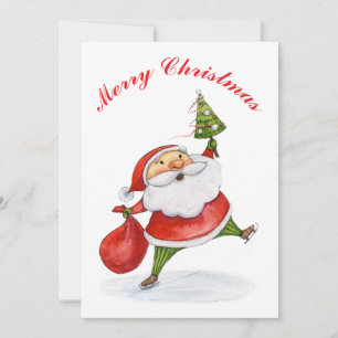 Santa Claus Cute Christmas watercolor painting Holiday Card