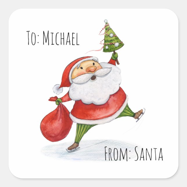 Santa Claus Cute Christmas watercolor painting Square Sticker (Front)