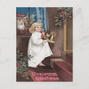 Santa Claus Cute Little Girl Toys Holly Holiday Postcard
