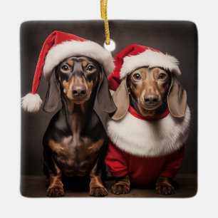 Santa Claus Dachshund Twins Ceramic Ornament