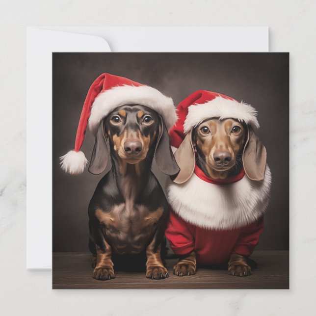 Santa Claus Dachshund Twins Holiday Card (Front)