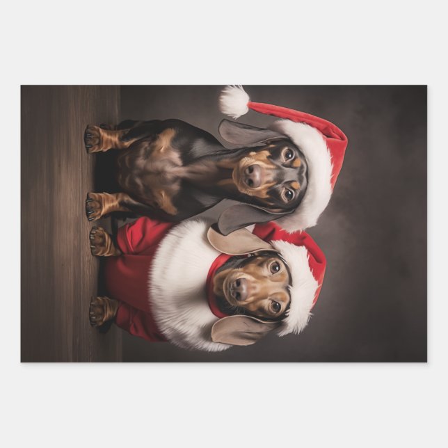 Santa Claus Dachshund Twins Wrapping Paper Sheet (Front)